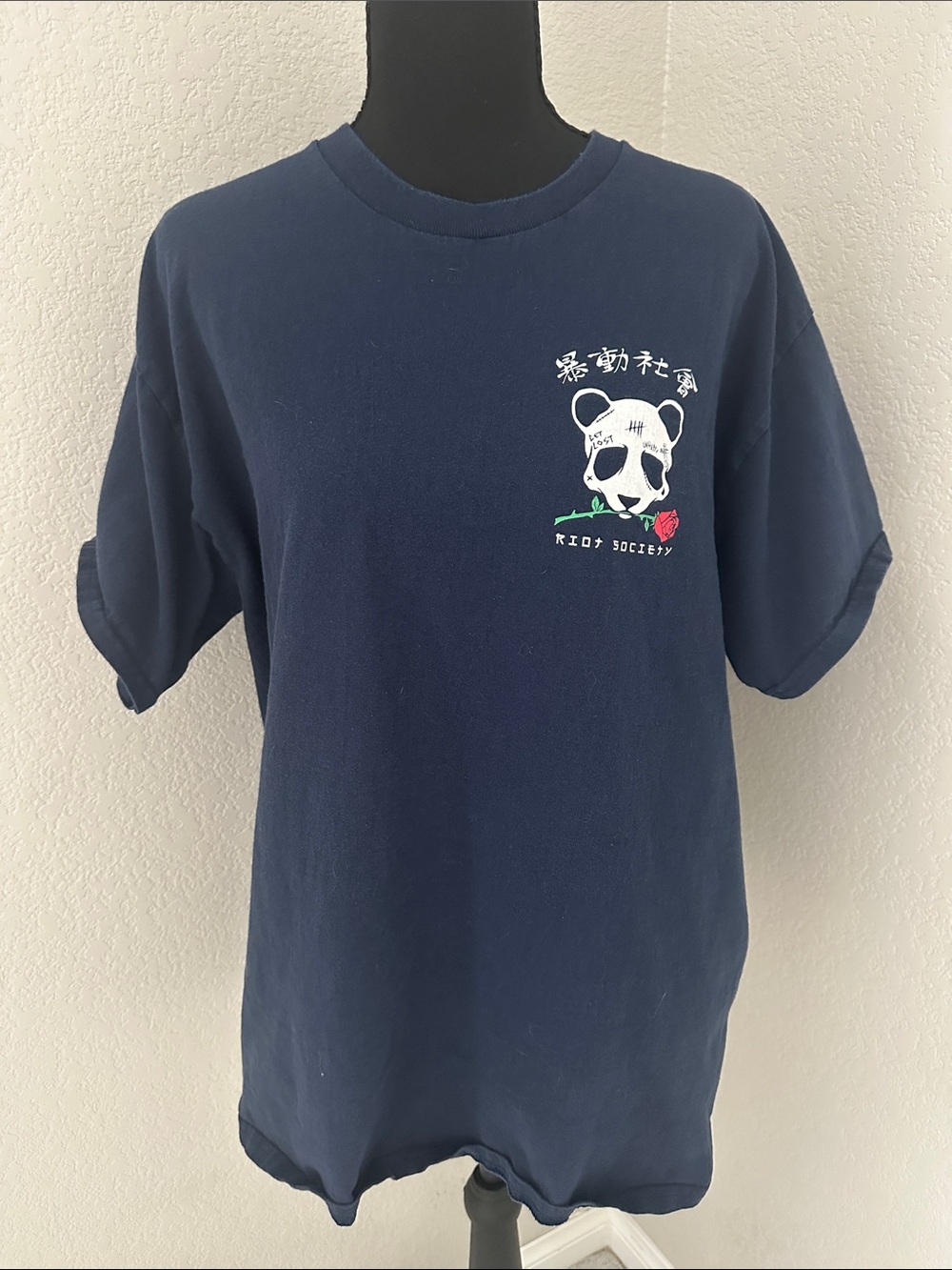 riot society Navy Tee with White Panda and Red Rose Graphic